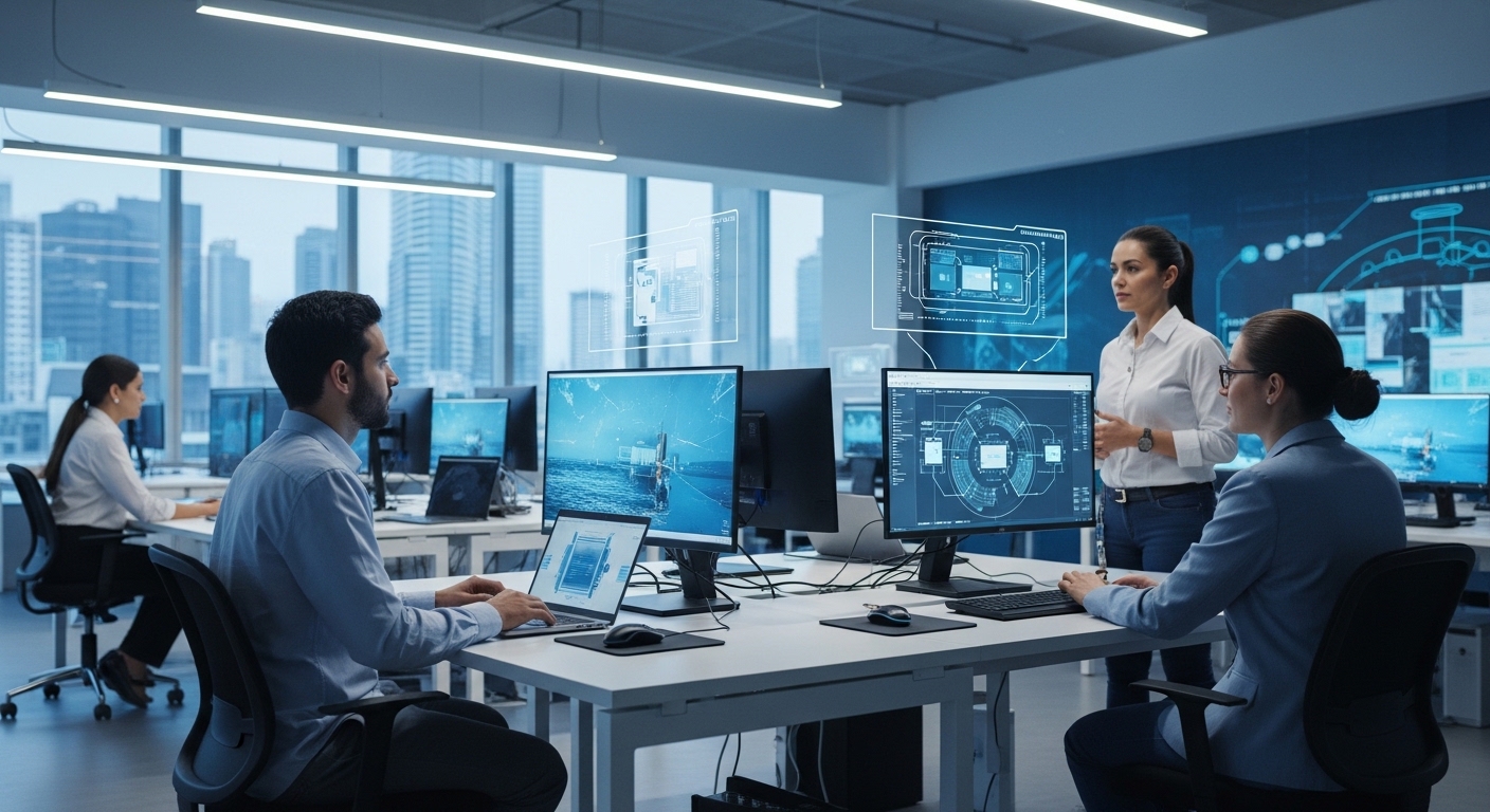 Concept illustration of a marine science and technology digital hub with interactive displays and branding from Helios T