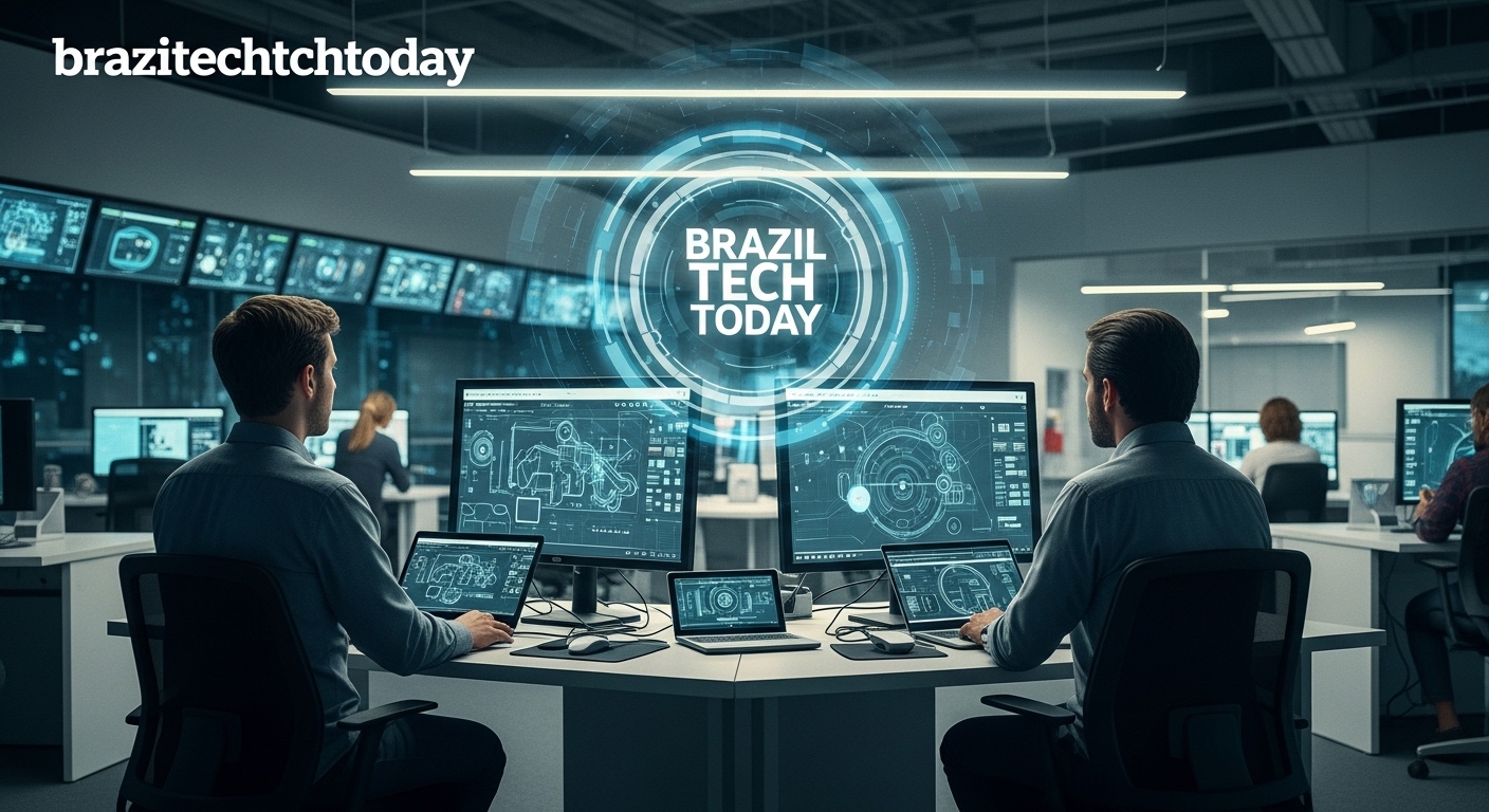 Brazilian policy analyst reviewing technology guidelines with urban skyline backdrop.