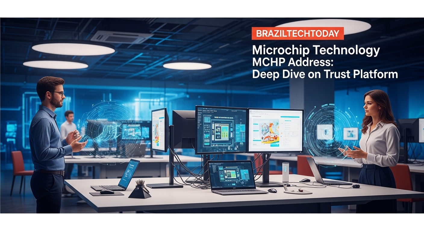Graphic showing Microchip Technology Trust Platform concepts with Brazil tech landscape backdrop