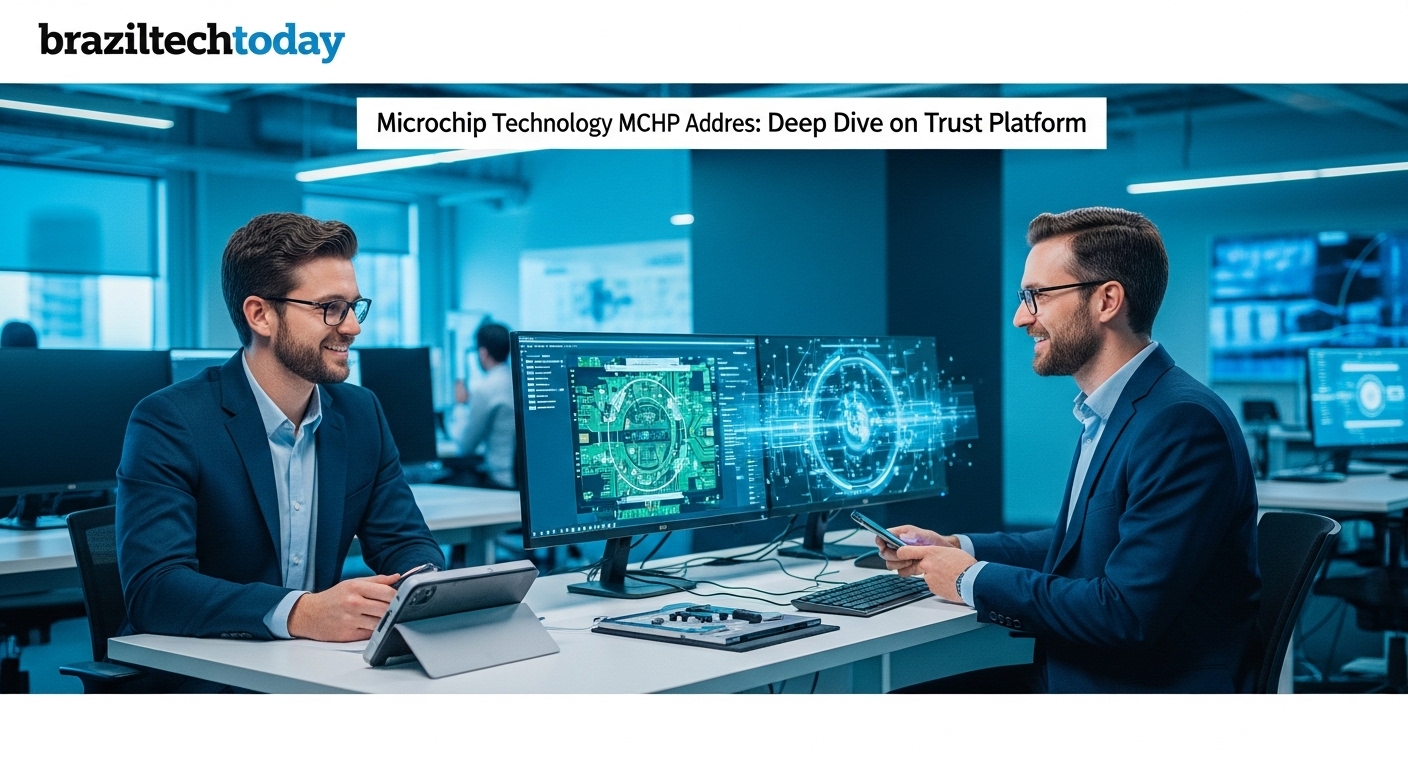 Graphic showing Microchip Technology Trust Platform concepts with Brazil tech landscape backdrop