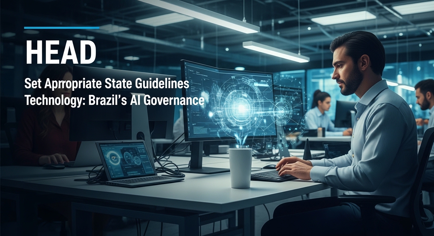 Editorial illustration showing Brazil's AI governance landscape with data streams and government figures