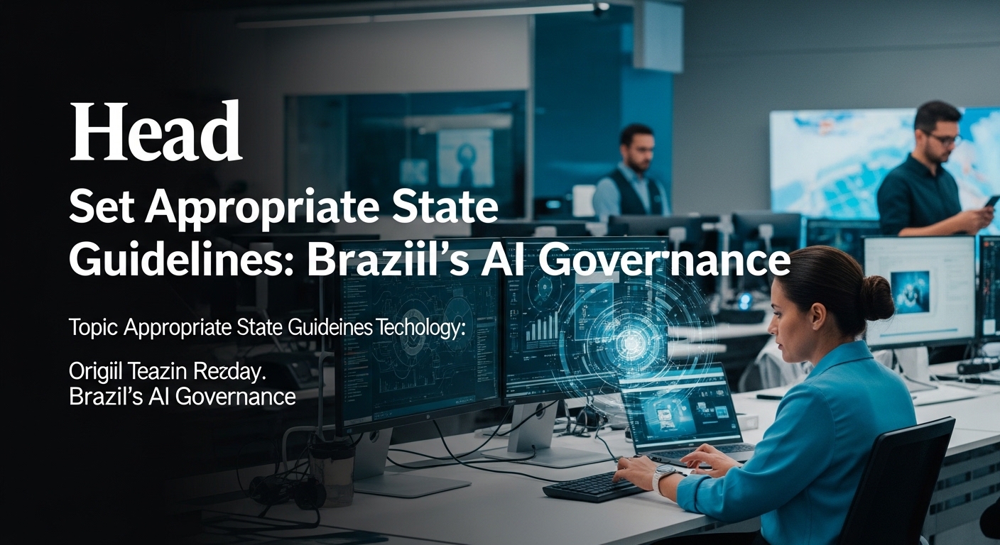 Editorial illustration showing Brazil's AI governance landscape with data streams and government figures