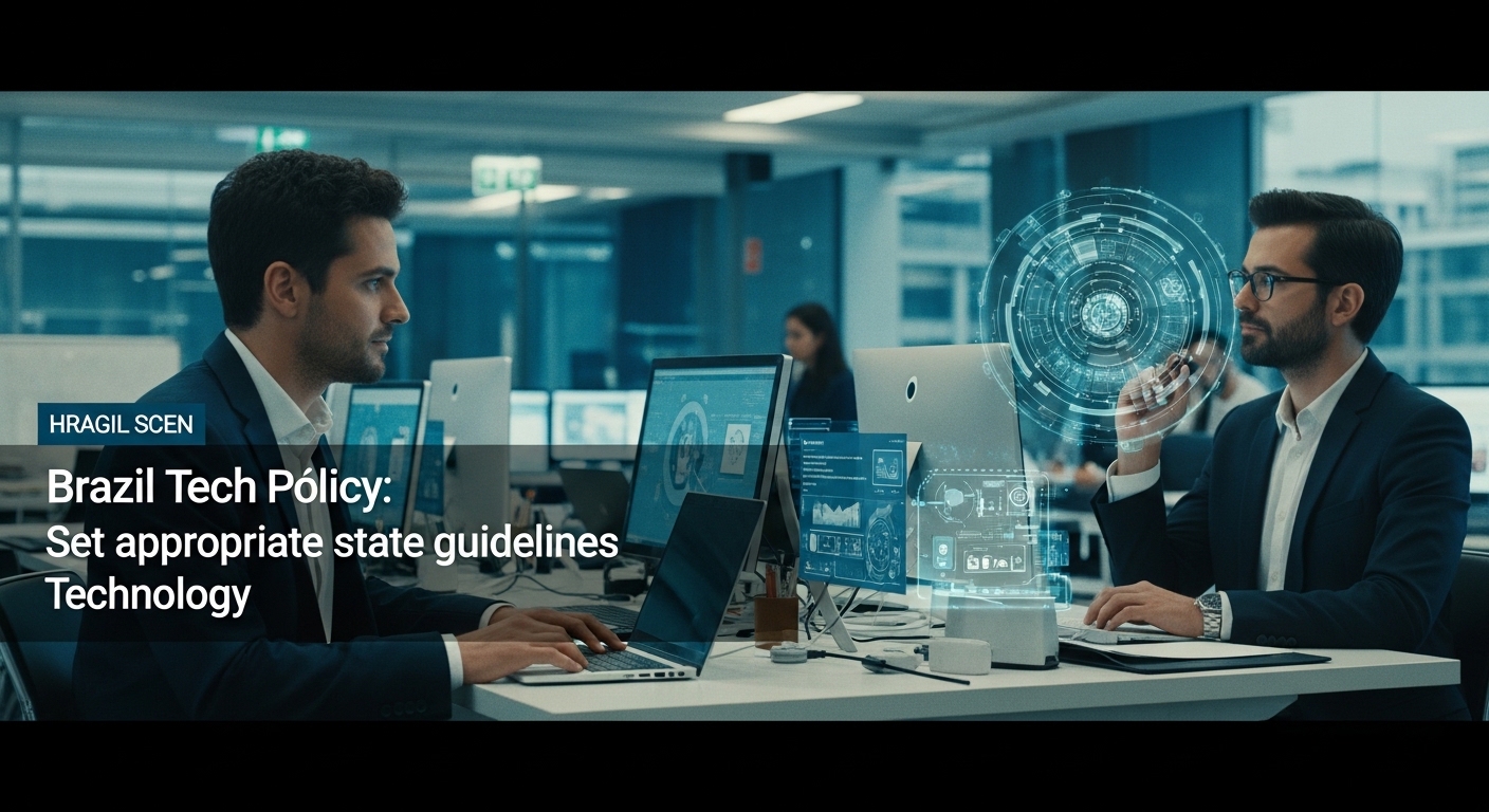 Policy makers in Brazil discussing technology guidelines at a conference table with AI visuals on screens