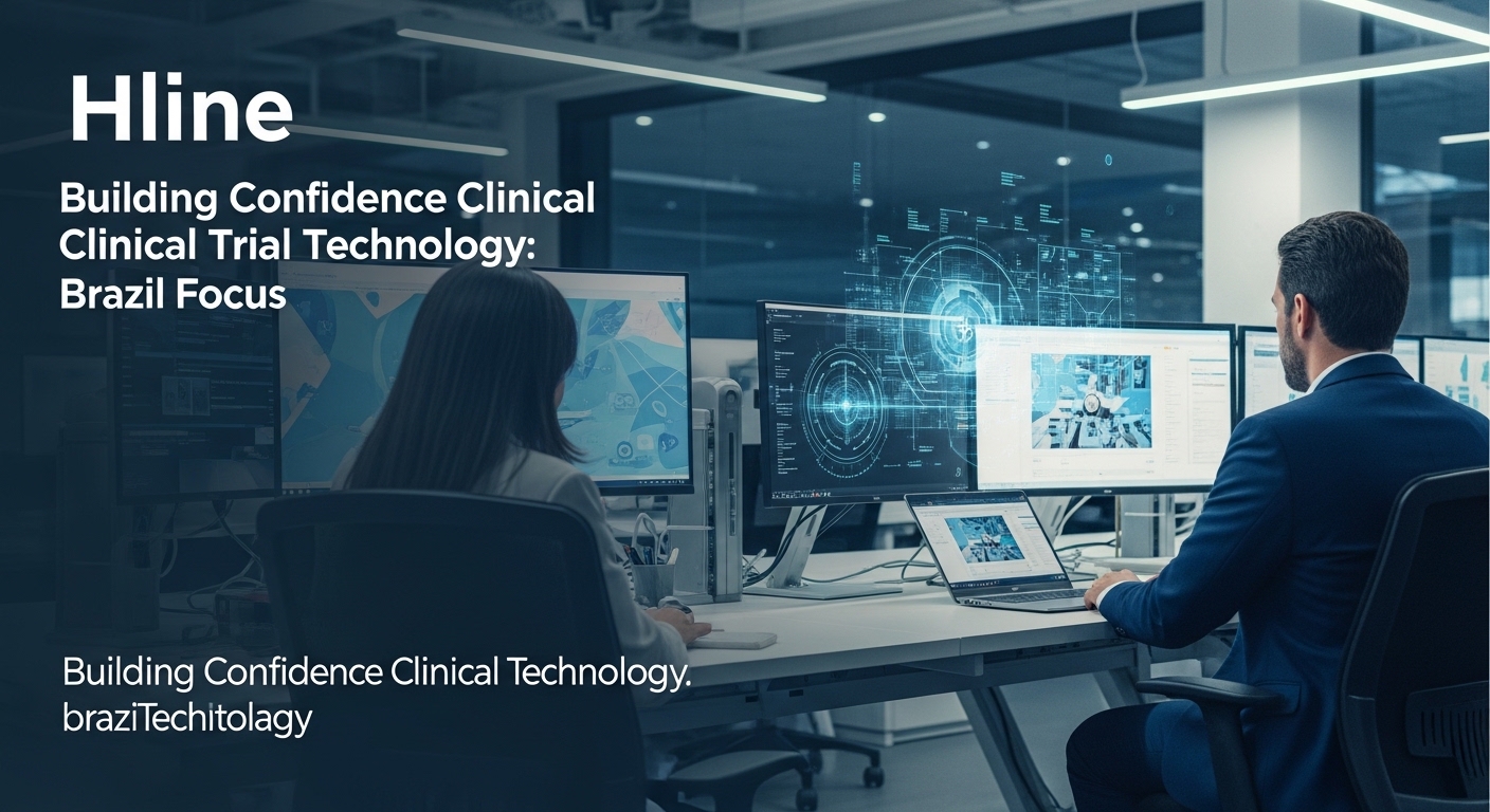 Clinical research team evaluating digital trial dashboards in a Brazilian lab.