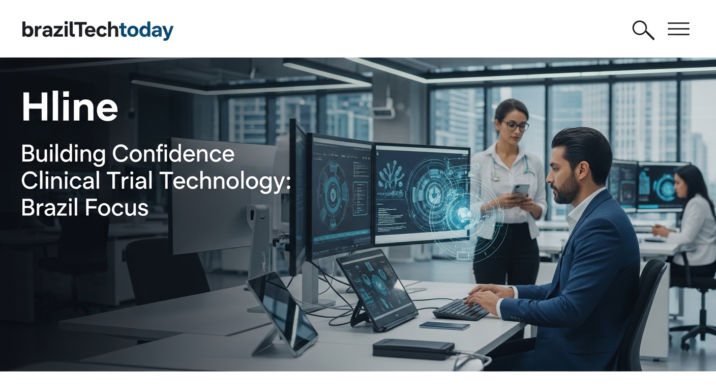 Clinical research team evaluating digital trial dashboards in a Brazilian lab.