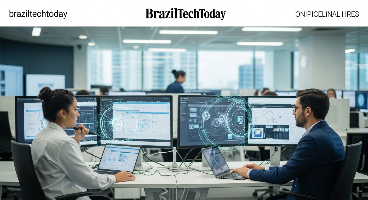 Brazilian clinical trial data dashboard with digital charts in a laboratory setting.