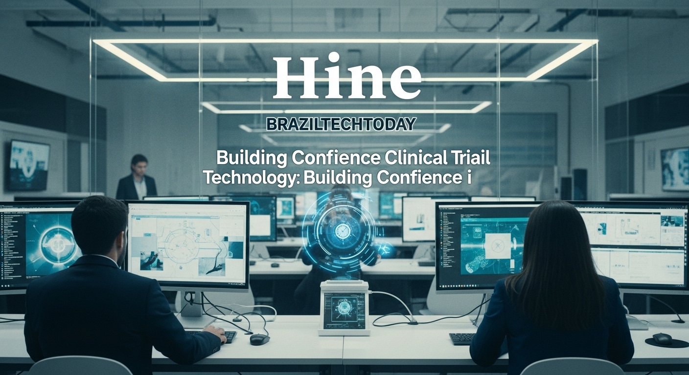 Brazilian researchers reviewing clinical trial data dashboards with AI insights.