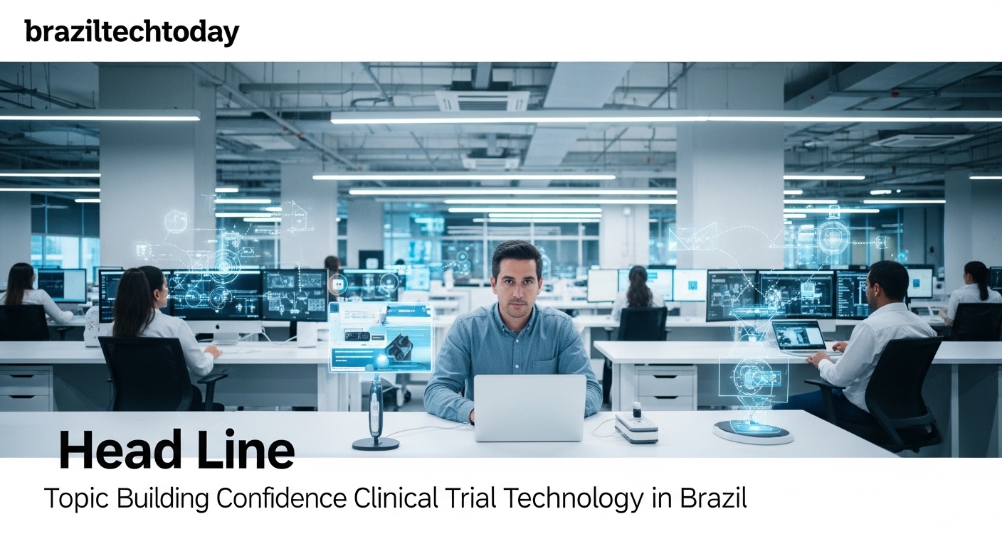Brazilian clinicians and data specialists discuss auditable clinical trial data on a digital dashboard.